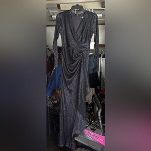 Long Sleeve Metallic Wrap Evening Dress - Black/Purple